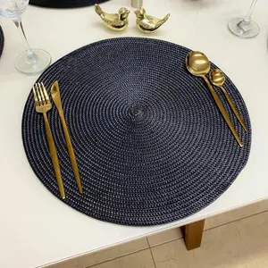 6 Pcs Classic Woven Tabletop Collection, Indoor/Outdoor Placemat Set, Round, 15" Diameter Round Braided Placemats Table Mats For Dining Tables Woven Heat Resistant Place Mats(Black)