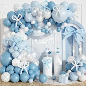 Blue Bow Balloon Arch Garland Kit, 120 PCS Pastel Blue Matte White Latex Balloons with Bow Printed Transparent Party Balloons for Wedding Bridal Shower Bachelorette Themed Party Decorations