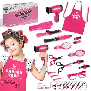 17 Piece Girl Hair Styling Set with Accessories and Apron, PVC Mirror, Fake Blow Dryer Curling Iron, Christmas Birthday Easter Gift, Hair Styling Kit
