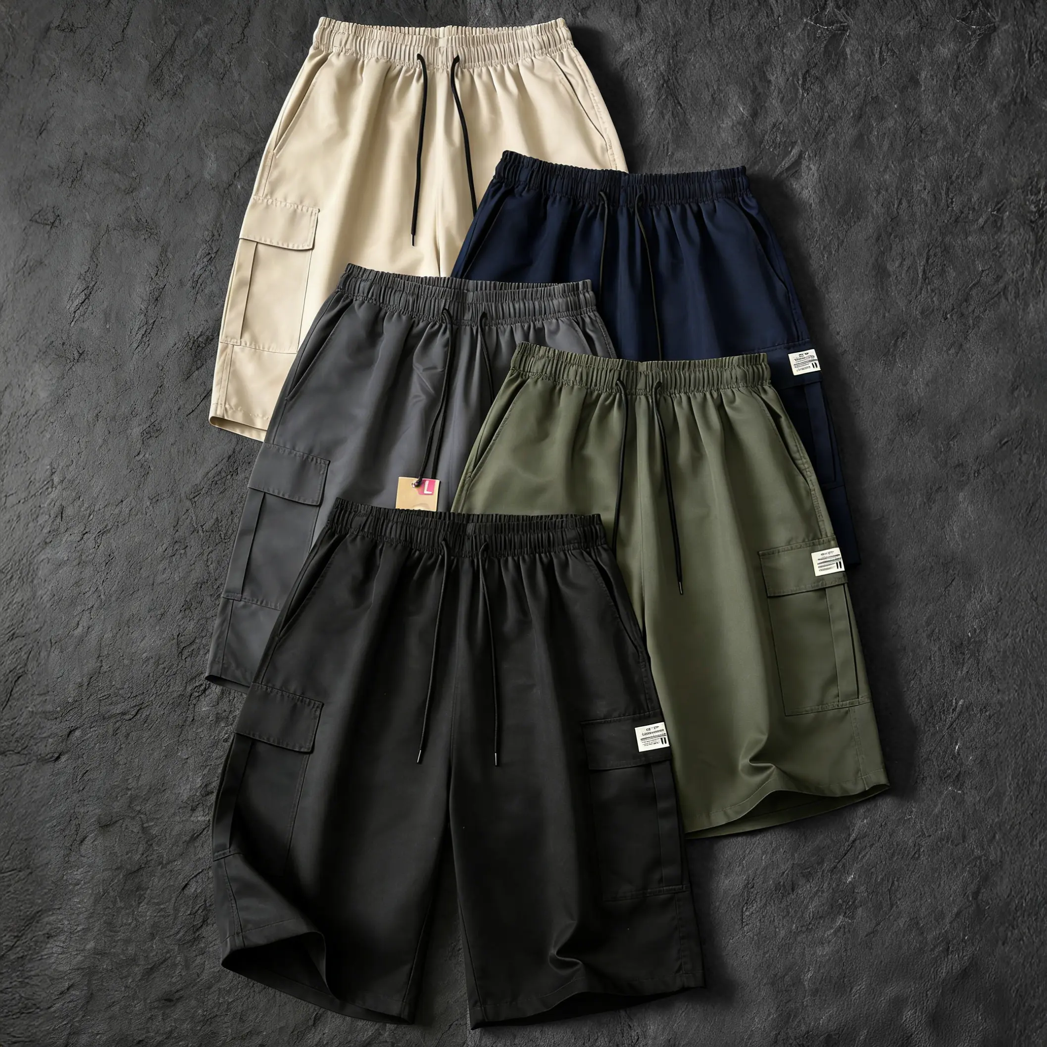 5-pack men’s cargo shorts for summer—loose fit with elastic waistband and drawstring, large side pockets and patch details, windproof breathable fabric, made from wear-resistant material; ideal for casual summer outdoor wear and a wardrobe essential for s 5-pack men’s cargo shorts for summer—loose fit with elastic waistband and drawstring, large side pockets and patch details, windproof breathable fabric, made from wear-resistant material; ideal for casual summer outdoor wear and a wardrobe essential for s