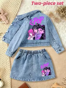 New Girl's Denim Jacket and Skirt Set, Cartoon Sweet Cool Print, Casual Fitted Style, Spring Summer Fall Travel Wear, Girly
