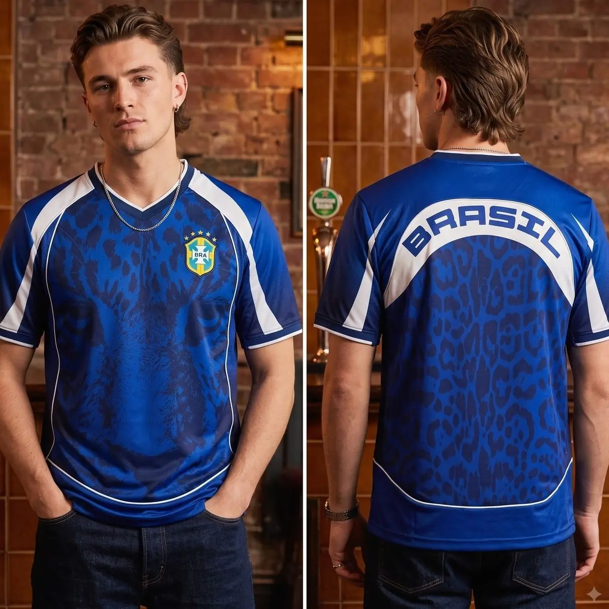 Brasil 5 Stars Football Shirt Leopard Jaguar Print Graphic Soccer Jersey Blue White