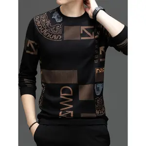Casual Long Sleeve Men's Print Sweatshirt, Trendy Letters & Geometric Patterns Pullover As Gift