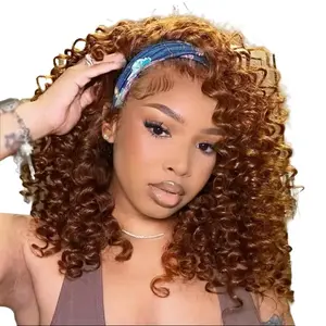 Kinky Curly Headband Wig 12 Inch Highlighted Deep Curly Headband Wigs for Women Short Glueless No Lace Deep Curly Half Hair Wigs,12" Dark Brown with Copper Red Highl