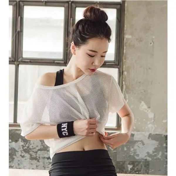Women Yoga Shirt Hollow Out Mesh Blouse Crop Tops Sports Running Tshirt Breathable Fitness Tops Gym Clothing for Women