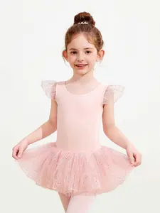Children's Ballet Practice Outfit - Flutter Sleeve Mesh Skirt with Sequins, Soft and Skin-Friendly Dancewear