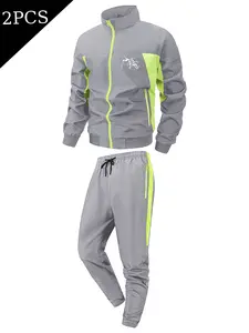 Men's 2 Piece Color-Blocked Tracksuit Fitness Bodybuilder Print Stand Collar Windproof Full Zip Jacket and Pants Casual Jogging Sports Set for Men Gym Training Active Tracksuit Set
