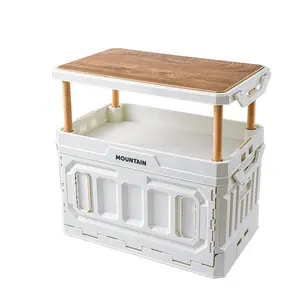 Outdoor Storage Box, Folding Camping Storage Box Large Capacity Heightenable 3 Layers Outdoor Foldable Storage Box with Wooden Lid for Car, Outdoor Picnic