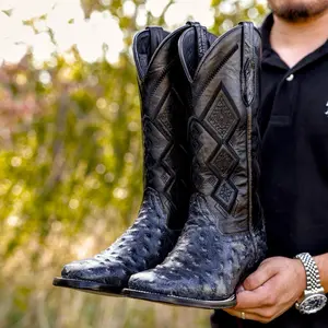 Grey Ostrich Leather Boots - Square Toe