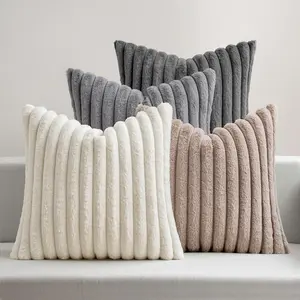 Faux  Plush Decorative Throw Pillow Covers 18x18 Set of 4, Boho Farmhouse Soft Fuzzy Striped Cushion Covers for Sofa Couch Bed Living Room  Rustic  Decor,Grey Taupe