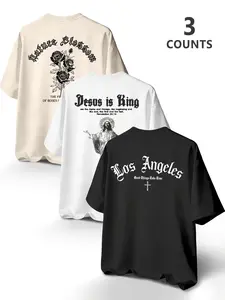 3 Pack Men's Oversized Graphic T-Shirts Y2K Grunge Vintage Streetwear Heavyweight Gothic Jesus Los Angeles Casual Short Sleeve Tees Set Skater Aesthetic Everyday GRWM Outfits