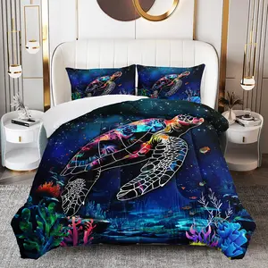 3pcs Ocean Turtle Comforter Set, Sea World Duvet Set for Girls and Adults Bedroom or Guest Room Decor, Lightweight Soft All Seasons Comforter Machine Washable Microfiber Quilt with 2 Pillowcases , Gifts for the Family
