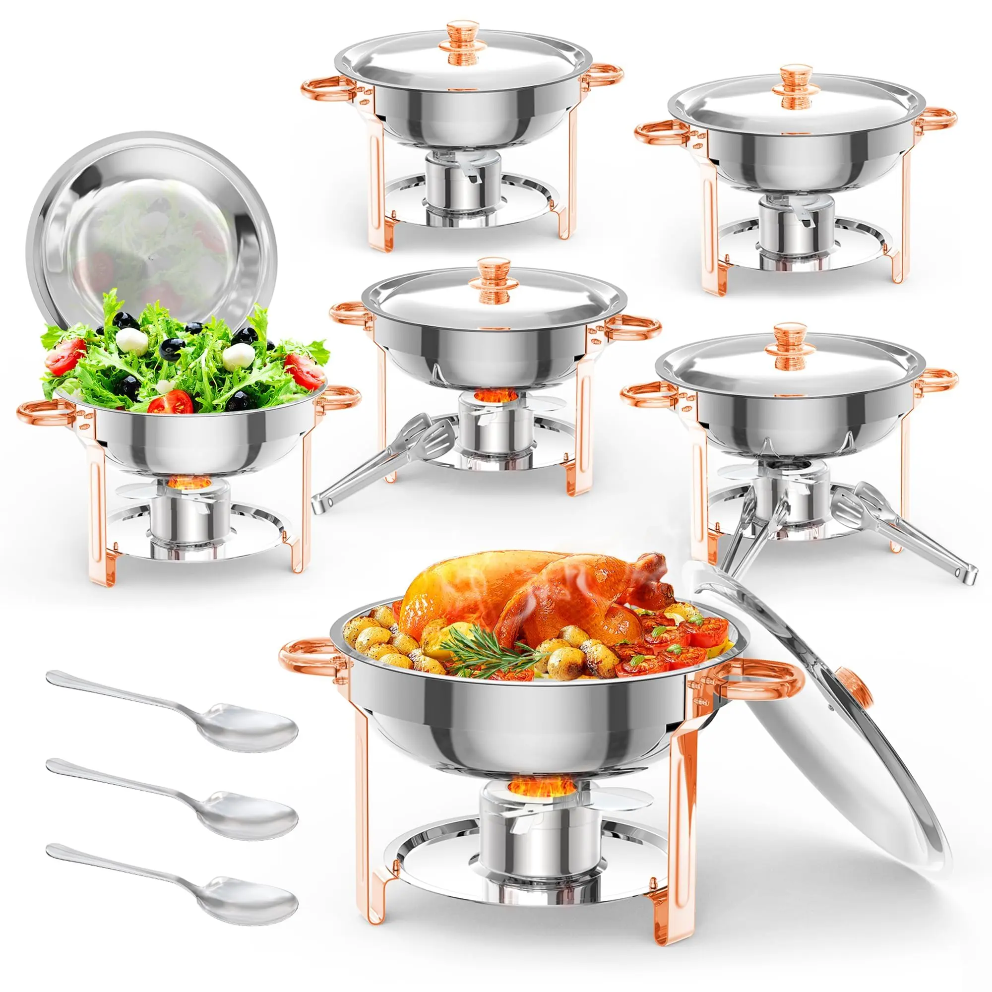 Gaomon 6-Piece Sturdy 5QT Round Stainless Steel Chafing Pans Buffet Tray Set - Rose Gold Kitchenware Food Warmers with Heat Retention, Lids, Lid Holders, Dishes for Family Parties, Dish