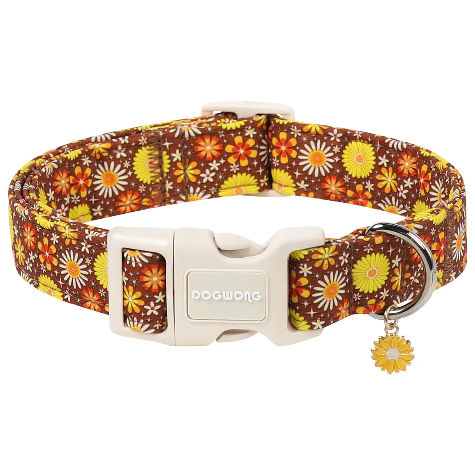DOGWONG Cotton Comfortable Brown Flower Fall Dog Collar - Cute Autumn Floral Adjustable Universal Collar for Small, Medium, Large Dogs & Cats, Secure Attach