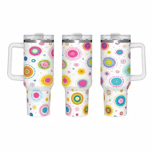 40oz Stylish Portable Stainless Steel Insulated Water Bottle Tumbler With Handle & Straw, Bright Multicolor Mandala Circle Abstract Dot Art Print, Double-Wall Cold Retention Leakproof For Boho Casual Outdoor Hydration