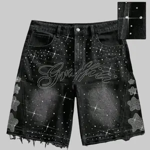 Y2K rhinestone graffiti jorts baggy denim shorts for men streetwear hip hop washed black cyber jean shorts
