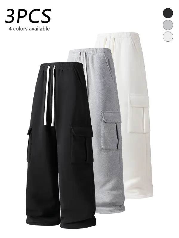 3-pack men’s cargo wide-leg sweatpants with workwear pockets, adjustable drawstring elastic waistband, breathable soft skin-friendly fabric, side pocket design casual pants