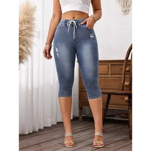 Women's Solid Drawstring Waist Ripped Capris Jeans, Casual Faded High Waist Denim Skinny Cropped Pants for Daily Wear, Ladies Bottoms for All Seasons