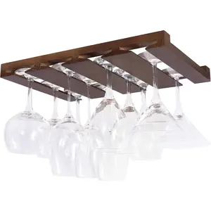 4 Sectional Under Cabinet Mount Wood Stemware Rack Hanging Shelf Glassware Holder Bar Organizer with up to 12 Wine Glass Storage 12 Inch Deep Chestnut
