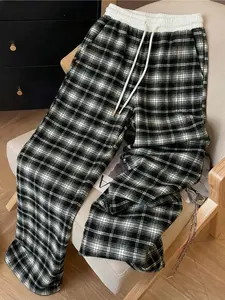 Women's Low-Waist Casual Plaid Pants, Loose Fit, Soft Fleece Fabric, Warm and Comfortable, Street Style, Home and Travel Wear