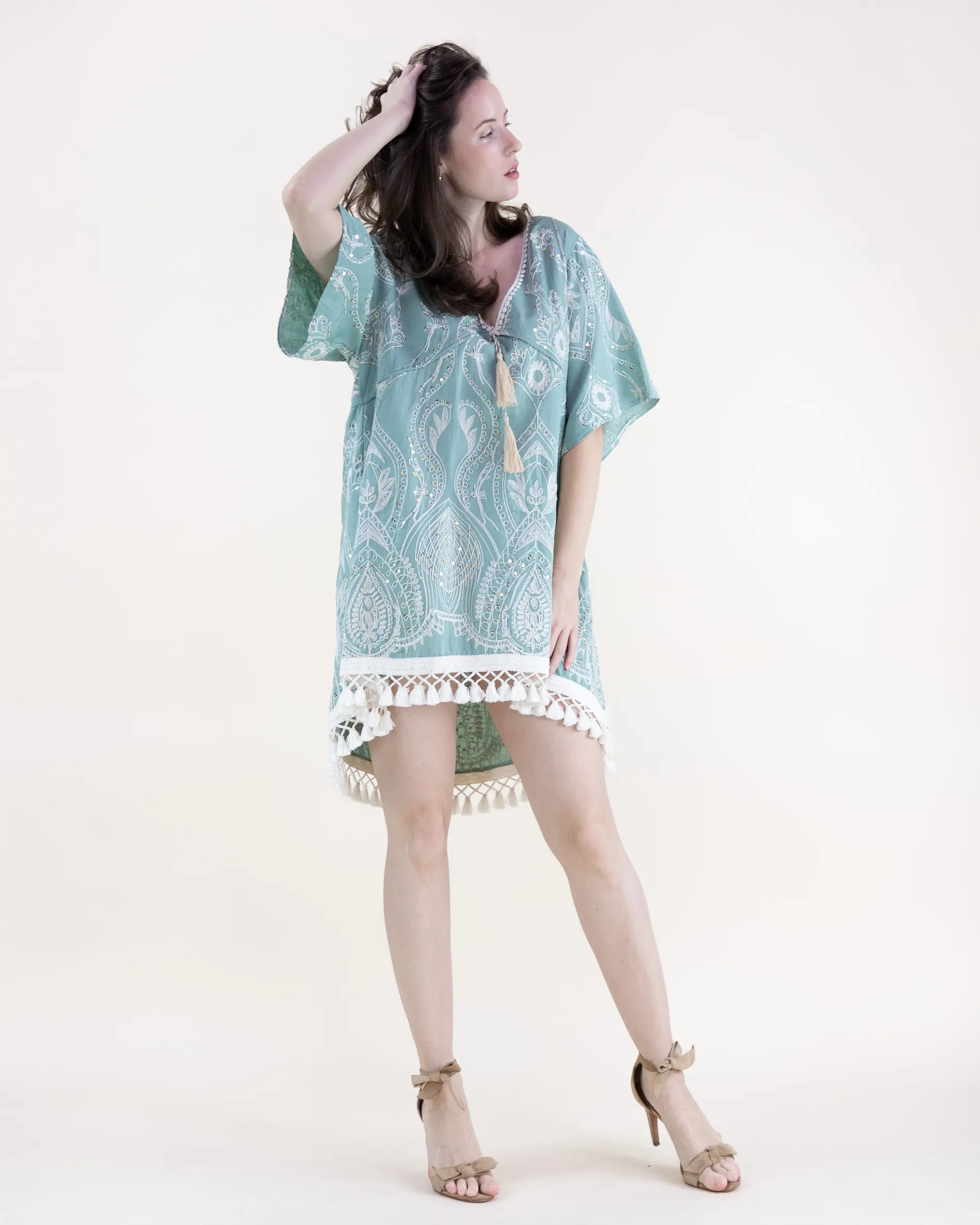 Bohemian Sequin Embroidered High Low Mini Dress – Women’s Lightweight Tassel Tunic Dress