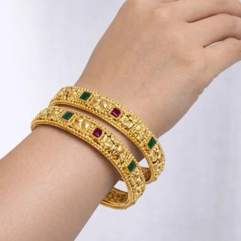 Beautiful Indian Style Bangle Set 2 Pieces with Intricate Design and Colorful Stones for Festive Wear