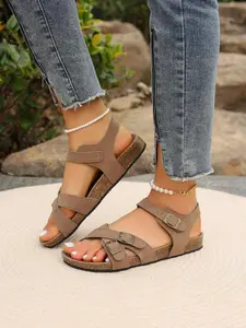 Women's Fashionable Plain Color Crossed Strap Flat Sandals, Casual Comfortable Sandals for Beach, Outdoor, Daily Wear, Walking Shoes