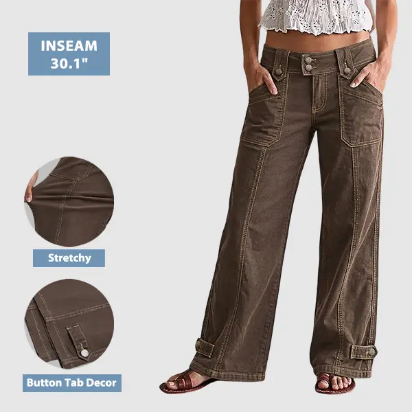 Flamingals Button Tab Stitch Detail Mid Waist Wide Leg Pants Stretchy 30.1'' Inseam