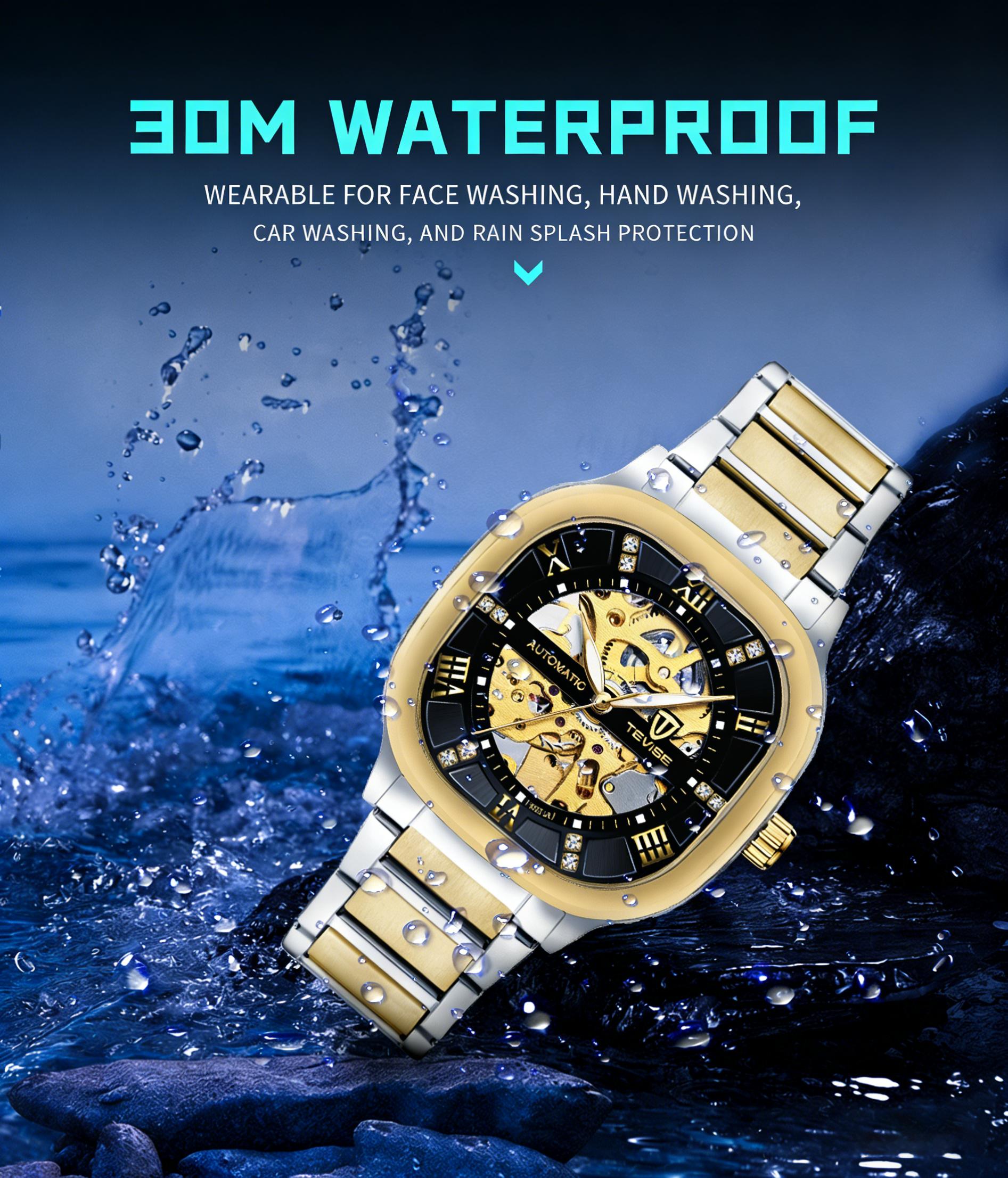 Luxury Men's Skeleton Automatic Watch, Gold Accent, Square Case, Business Stainless Steel Timepiece