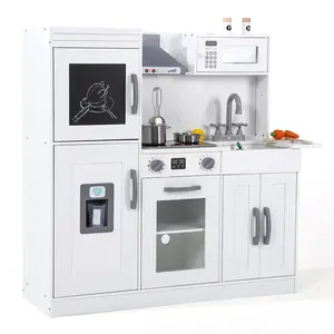 【GARVEE】Wooden Kitchen Playset for Kids with 20 Accessories, Realistic Lights & Sounds, Ice Maker, Chalkboard, and White Finish - Pretend Chef Cooking Set