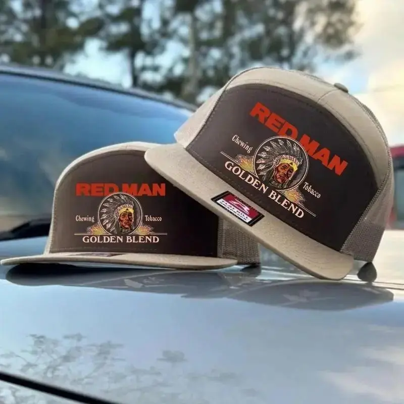7 Panel RM Chewing Toobacco Trucker Hat - Summer Drinking Cap Tan Camo Snapback Hat for Hunting and Partying Vintage Golden Blend