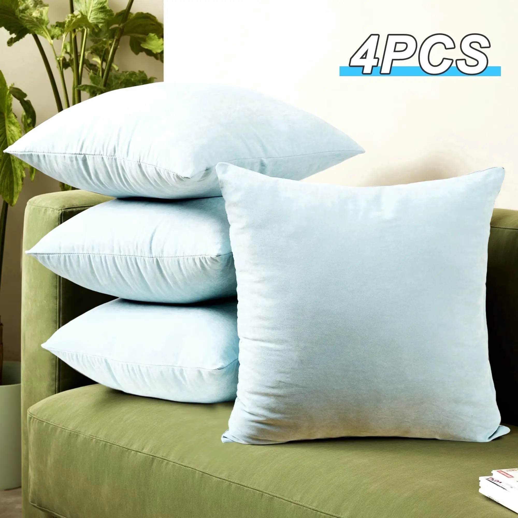 4-Pack Velvet Throw Pillows 18x18 with Inserts Included, Soft Decorative Square Pillows for Couch, Sofa & Bed, Baby Blue