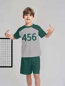 Squid Game 456 Digital Two-Piece Short Sleeve and Shorts Set, 100% Polyester Casual Loose-Fit Outfit, Fun Printed Patterns for Summer, Outdoor Sports T-Shirt Set, Perfect Gift for Boys