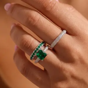 Tewiky Emerald Green Ring Set for Women Luxury Stackable CZ Rings Silver & Emerald Ring Set Fashion Jewelry Set Gifts for Girls
