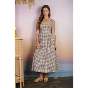 BP Plaid Basque Waist Midi Dress