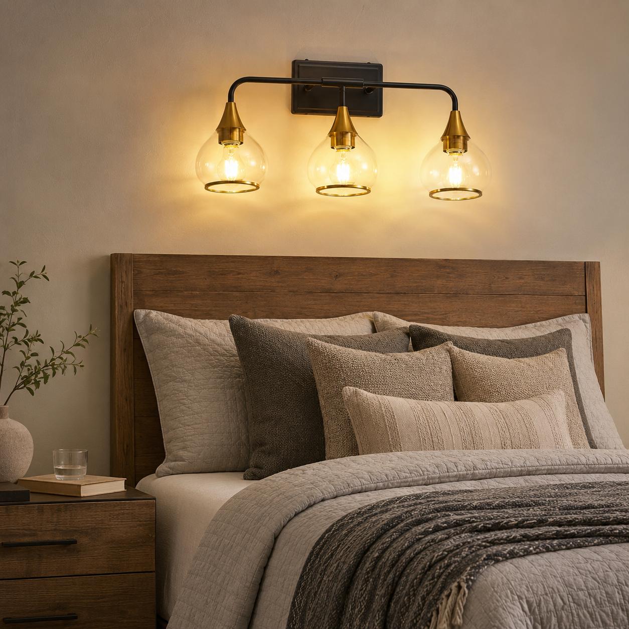 Black and Gold 3-Light Bathroom Vanity Light, 22.4 in Glass Metal Wall Sconce for Over Mirror, Indoor Bath Lighting Fixtures (E26 Bulb Excluded, Dimmable Switch Compatible)