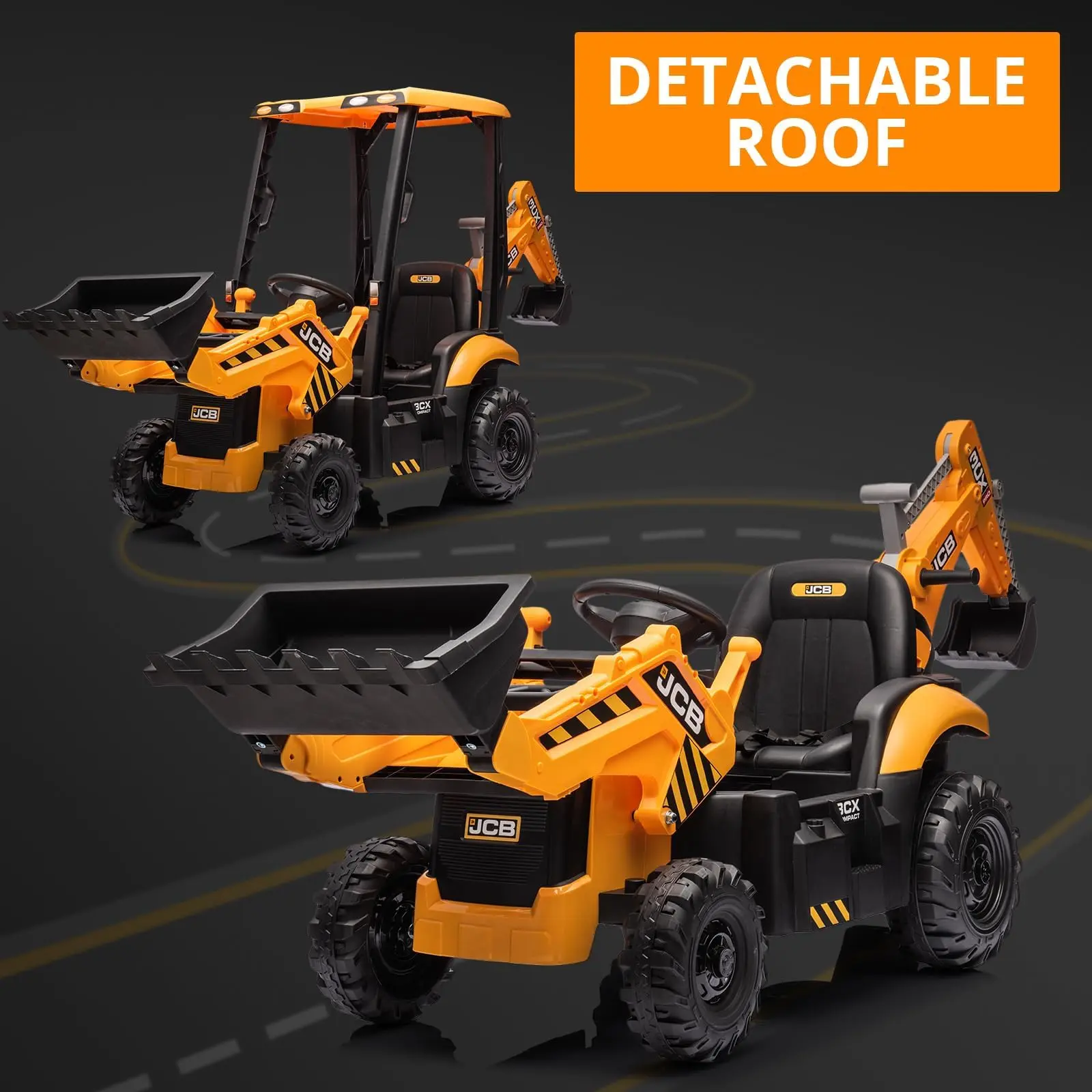 Garvee 4-in-1 12V Electric Ride-On Excavator for Kids with Remote Control – Licensed JCB, Removable Canopy, Front Loader, Horn, Transformable Digger/Bulldozer, EVA Tires – Yellow