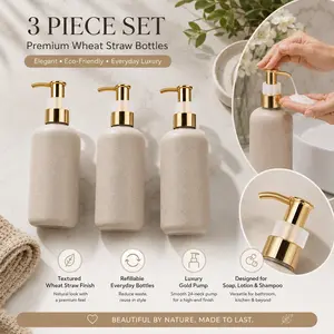 3 Pack Wheat Straw Soap Dispenser Bottles 250ml Refillable Lotion Pump Bottles with Gold Pump for Bathroom Kitchen