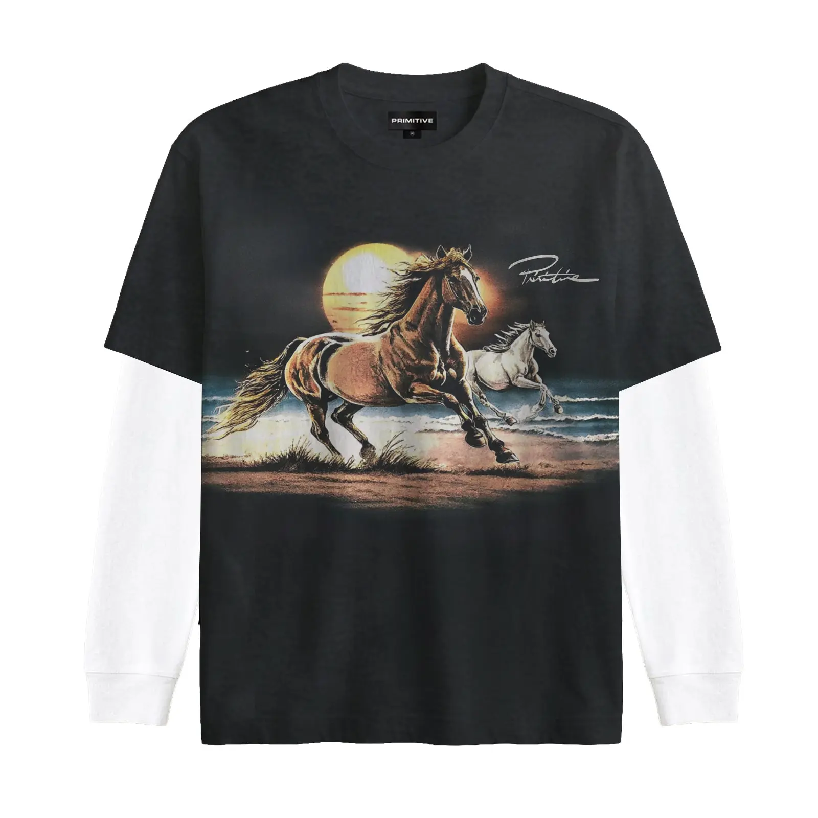 Women's Primitive Skateboarding Boxy Long Sleeve Cotton Jersey Apparel, Casual Sunset 2-Fer T-Shirt, Fabric, Streetwear, Top, Tshirt, Graphic