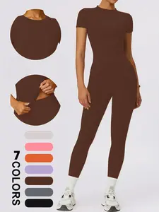 Women's 2 Piece Yoga Outfit, Seamless Short Sleeve Round Neck Top & High Waist Leggings Set, Breathable Quick Dry Tummy Control Butt Lifting Solid Workout Activewear, Coffee Brown