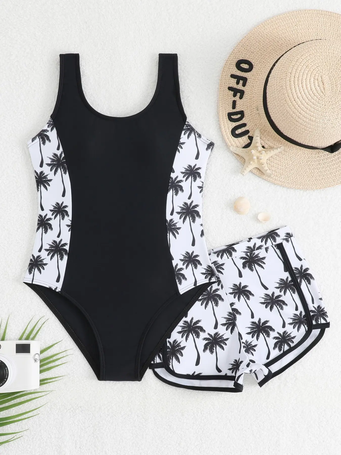 New Girls' One-Piece Swimsuit, Coconut Tree Print Side Waist Patch Vest Style, Plain Briefs Two-Piece Set, Suitable for Beach Parties, Summer Swimwear, Swimwear For Girls