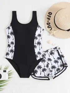 New Girls' One-Piece Swimsuit, Coconut Tree Print Side Waist Patch Vest Style, Plain Briefs Two-Piece Set, Suitable for Beach Parties, Swimwear For Girls