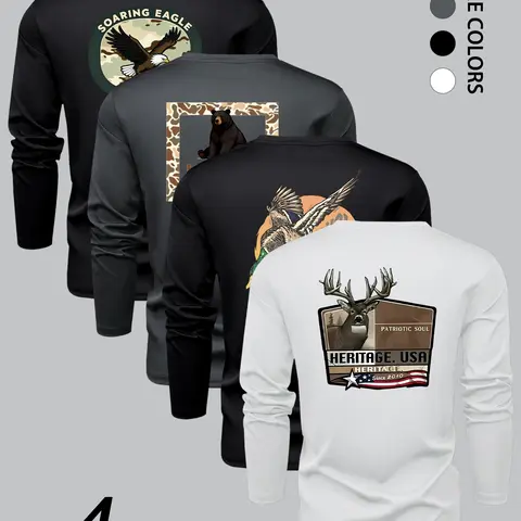 Men's Fashion Camo Animal Print Long Sleeve Round Neck T-Shirt Set, Comfortable Stretch Fabric, Spring & Fall Wear, Sports and Outdoor Activities