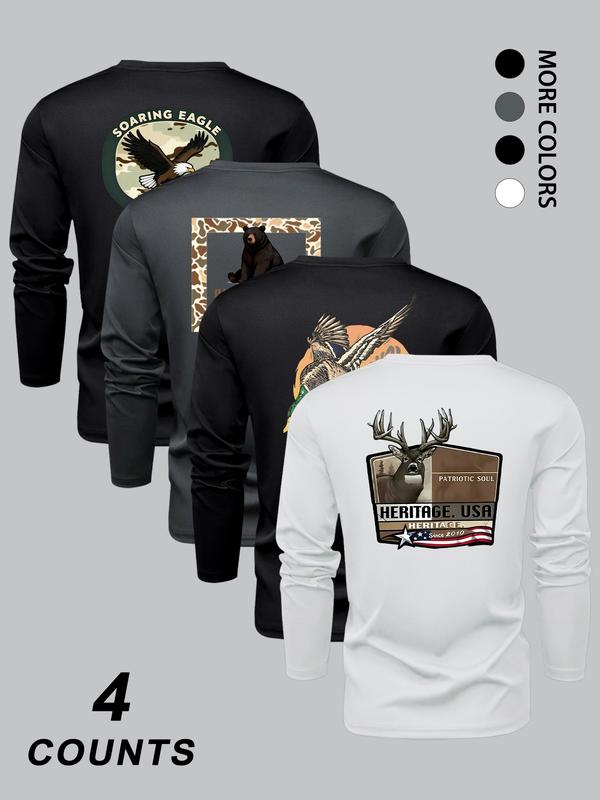 Men's Fashion Camo Animal Print Long Sleeve Round Neck T-Shirt Set, Comfortable Stretch Fabric, Perfect for Spring & Fall Sports Outdoor Activities, Athletic Sports Clothing