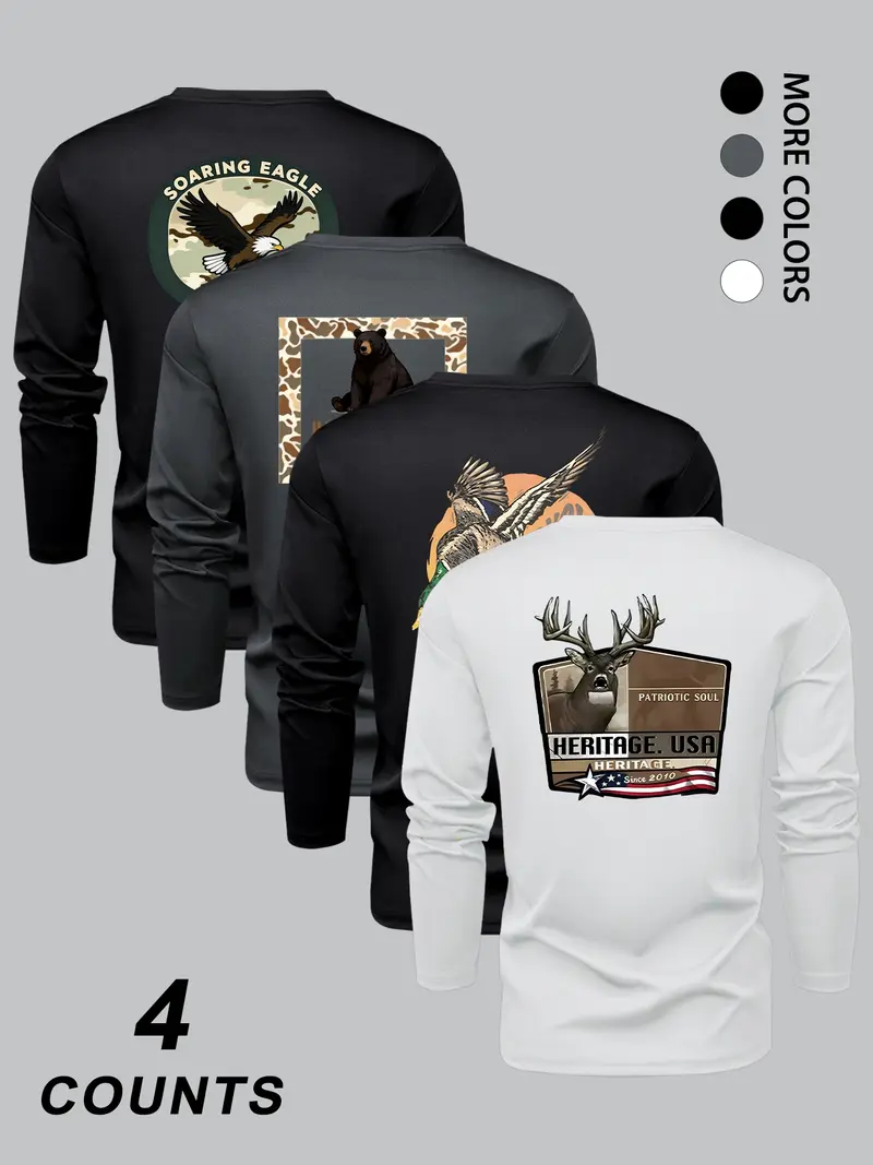 Men's Fashion Camo Animal Print Long Sleeve Round Neck T-Shirt Set, Comfortable Stretch Fabric, Perfect for Spring & Fall Sports Outdoor Activities, Athletic Sports Clothing