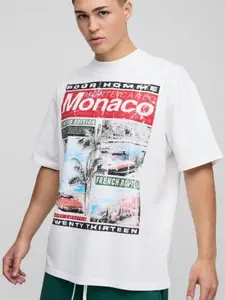 White Oversized Boxy Extended Neck Monaco Magazine Graphic T-Shirt