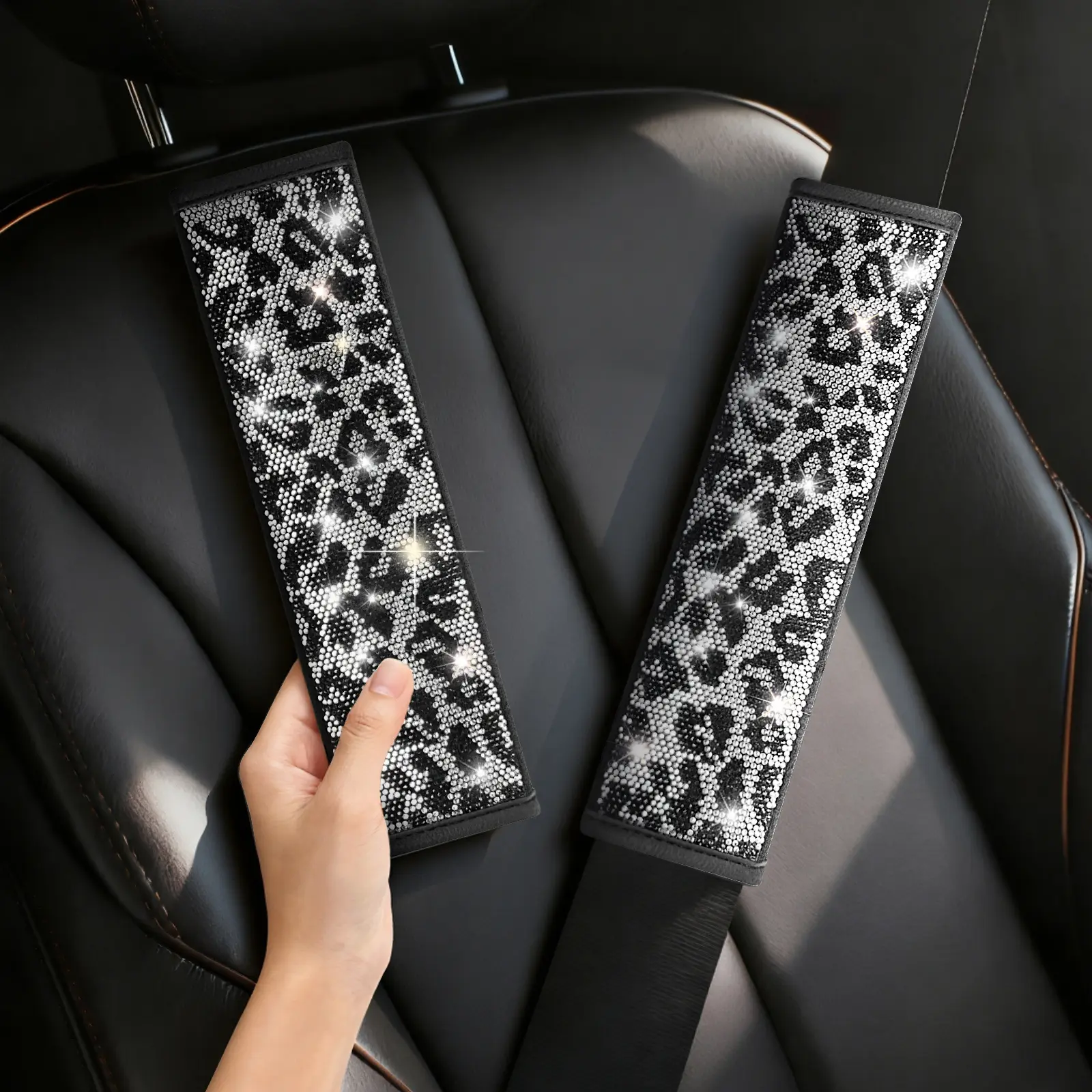 Queen’s Land 2PCS Sparkly Leopard Seat Belt Covers, Soft Belt Pad for Girls Bling Rhinestones Diamond Car Accessories for Women, Car Decor for Girl, Pink Red Black Leopard Car Accessories Gift