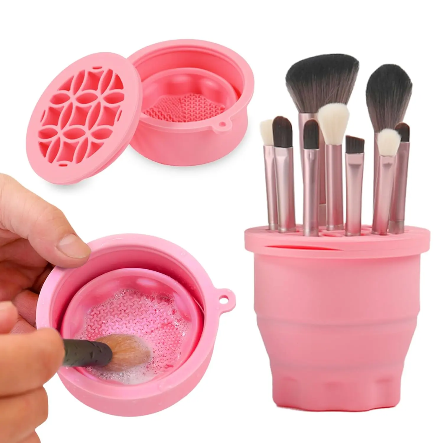 2-In-1 Silicone Makeup Brush Cleaner Mat & Storage Holder, Folding Portable Cleansing Tool, Cosmetic Brush Organizer Rack (Pink)