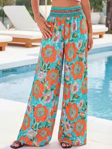 Spring Summer Casual Floral Print Long Pants for Women, New Loose High Waist Wide Leg Pants, Comfortable and Stylish Fashion Bottoms