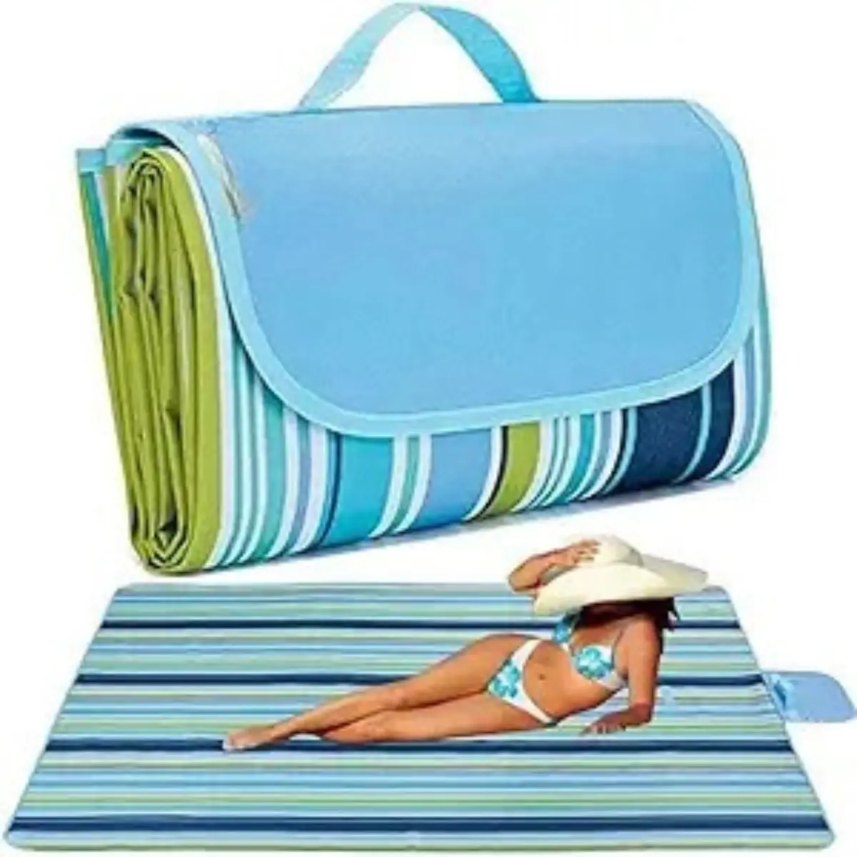 Large Picnic Blanket, Beach Blankets(80X60) Inch Sandproof Beach Mat for 3-5 Adults Waterproof Quick Drying Outdoor Picnic Mat for Travel Camping Park Lawn (Blue Stripes)